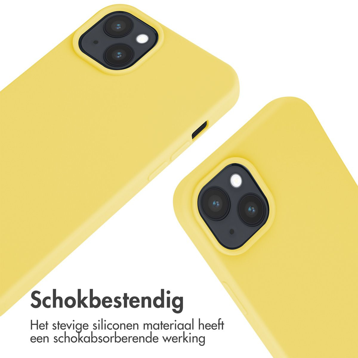 Twee gele telefoonhoesjes. Elk hoesje heeft een camera-uitsparing. Tekst onderaan zegt schokbestendig en het materiaal is siliconen.