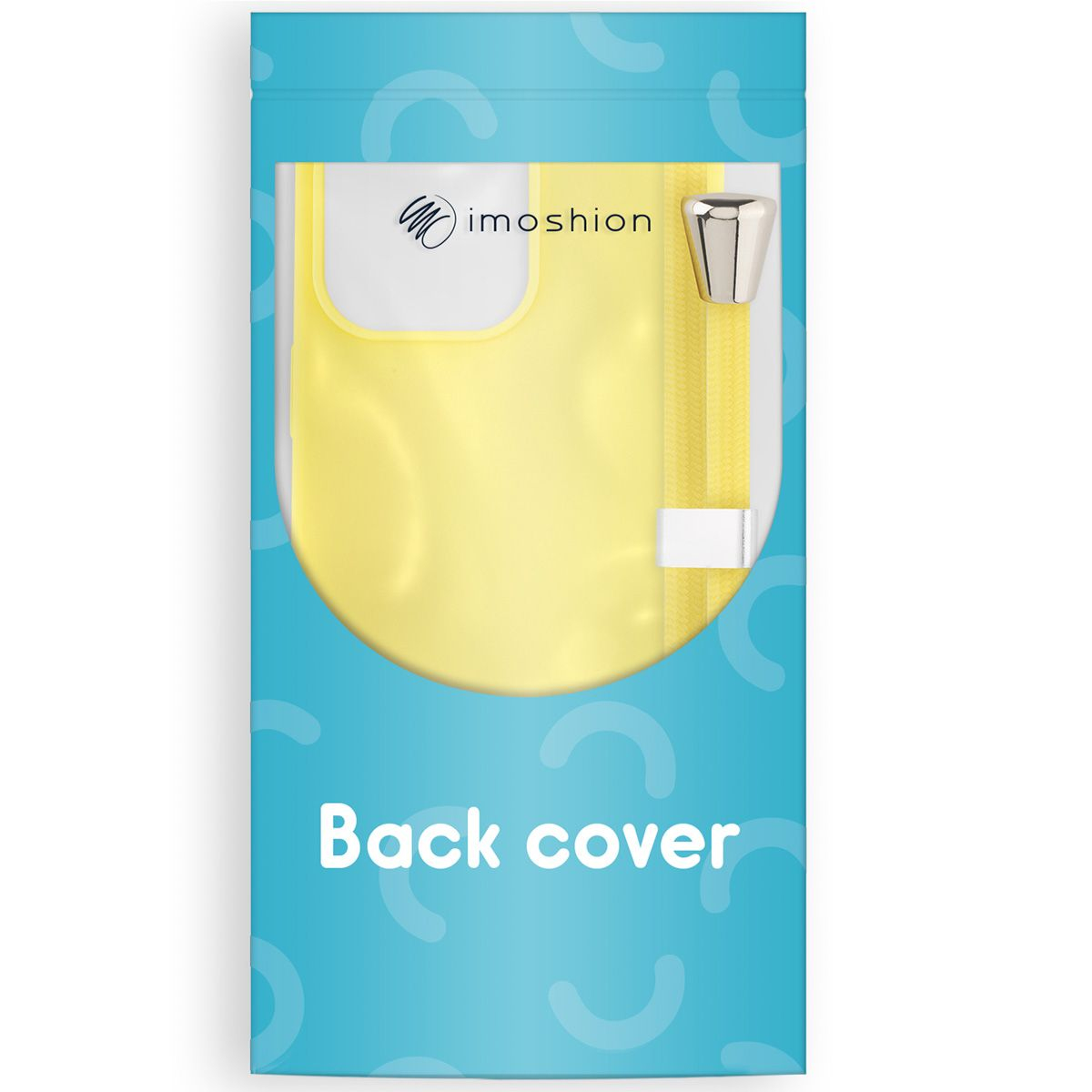 Une coque arrière de téléphone jaune dans un emballage turquoise avec l'inscription "Back cover". La marque est "imoshion".