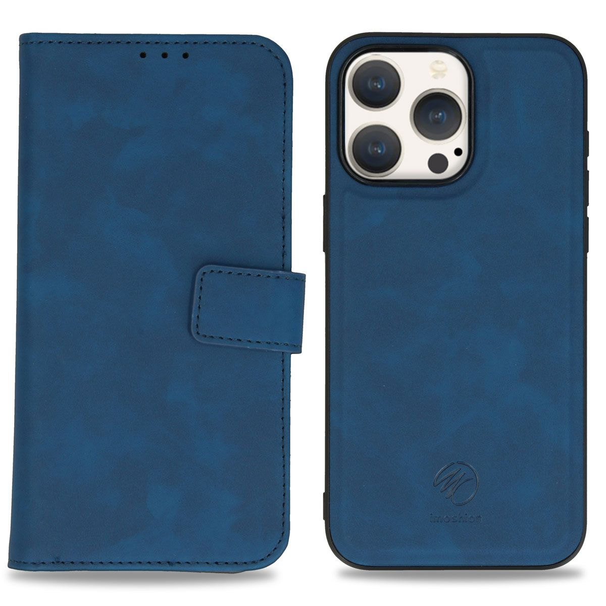 Étui de téléphone et portefeuille bleus. Le portefeuille est à gauche, l'étui à droite. Les deux sont bleus.
