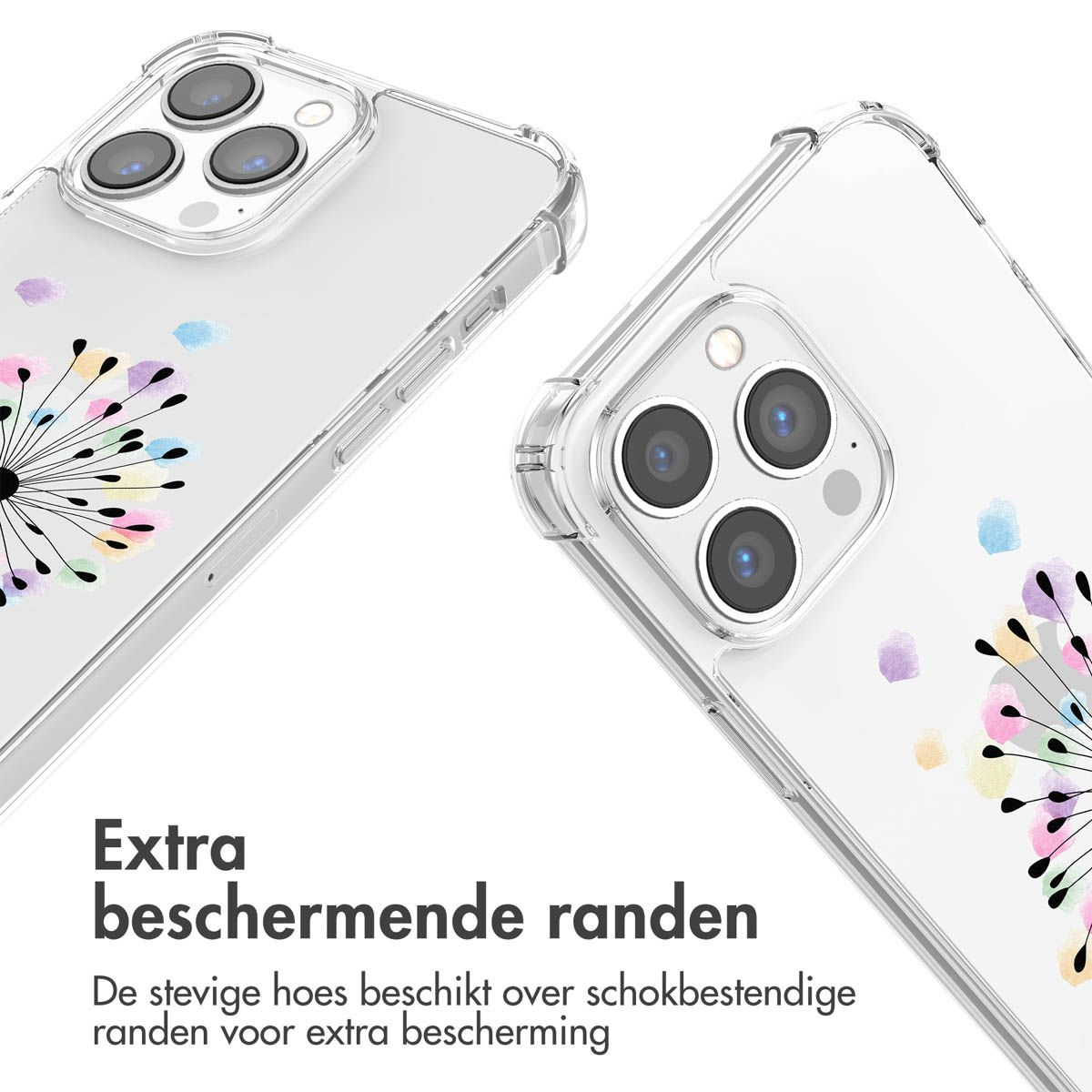 Deux coques de téléphone transparentes avec un motif de pissenlit. Les coques sont inclinées et montrent l'appareil photo et les bords.