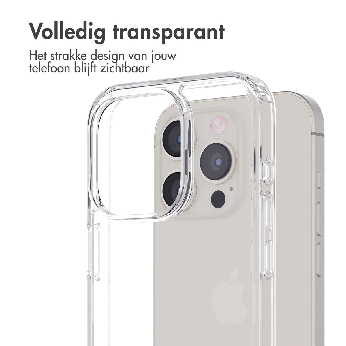 Een doorzichtige telefoonhoes zit op een telefoon. De telefoon heeft drie cameralenzen. De hoes is transparant. Tekst bovenaan: Volledig transparant.