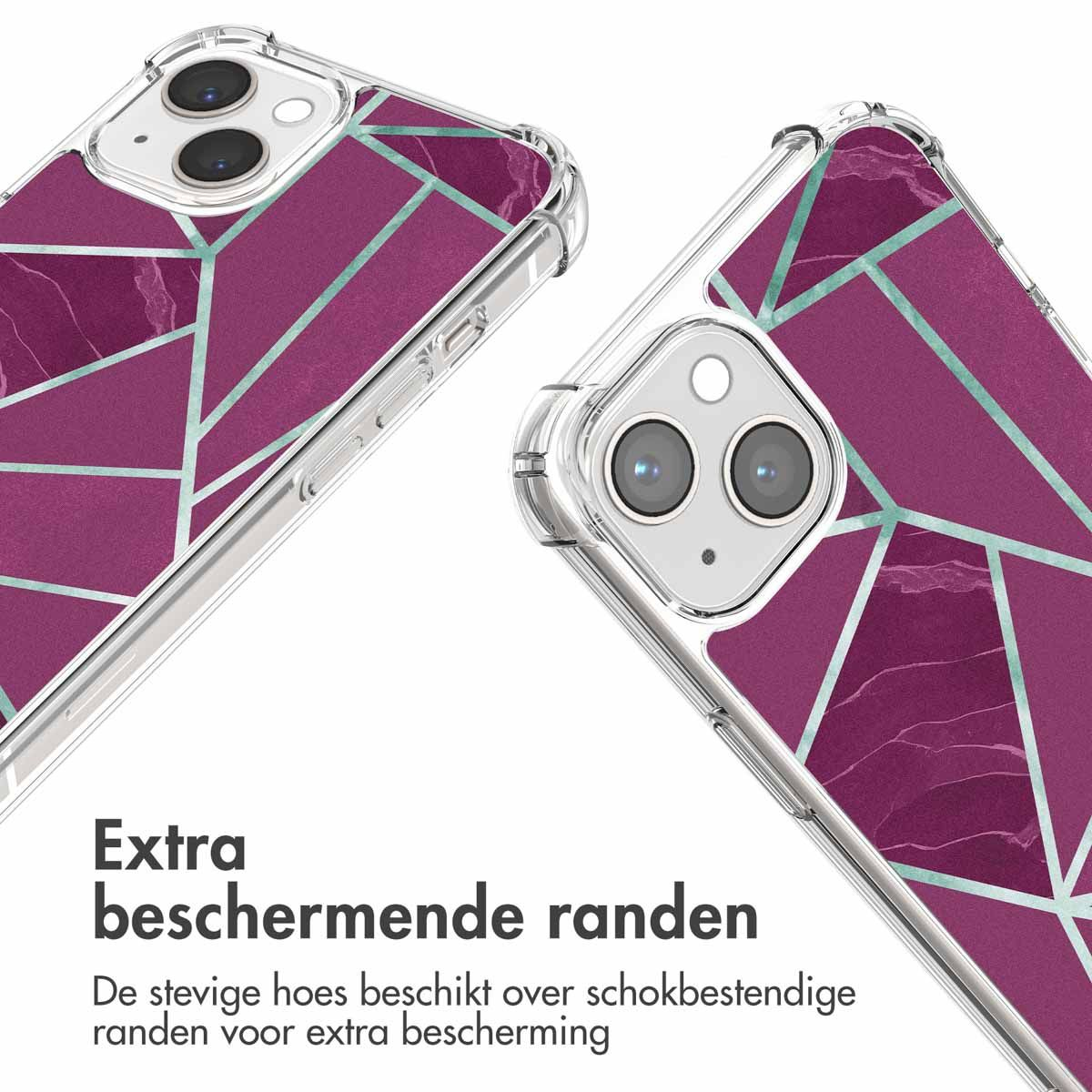 Twee telefoonhoesjes met een paars geometrisch ontwerp worden getoond. De hoesjes zijn transparant en de tekst 'Extra beschermende randen' wordt weergegeven.
