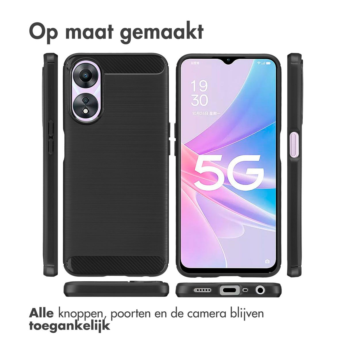 Ein Telefon in einer schwarzen Hülle. Auf dem Bildschirm steht 19:30, 5G. Unten steht: 'Alle Knöpfe, Anschlüsse und die Kamera bleiben zugänglich'.