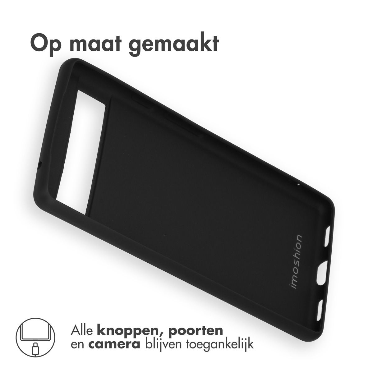 Een zwarte telefoonhoes met de tekst 'Op maat gemaakt'. De hoes heeft een uitsparing voor de camera en poorten. Tekst: 'Alle knoppen, poorten en camera blijven toegankelijk'.