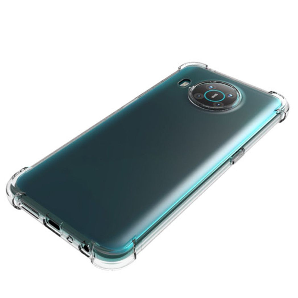 Ein dunkelgrünes Smartphone in einer transparenten Schutzhülle vor weißem Hintergrund.
