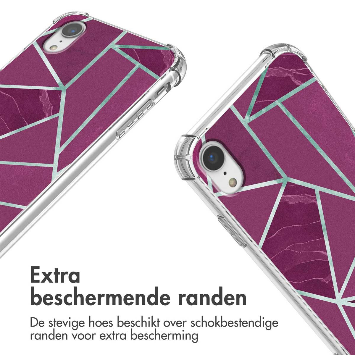 Deux coques de téléphone avec un motif géométrique violet. Les coques sont transparentes avec du texte en bas. Le texte dit Extra beschermende randen.