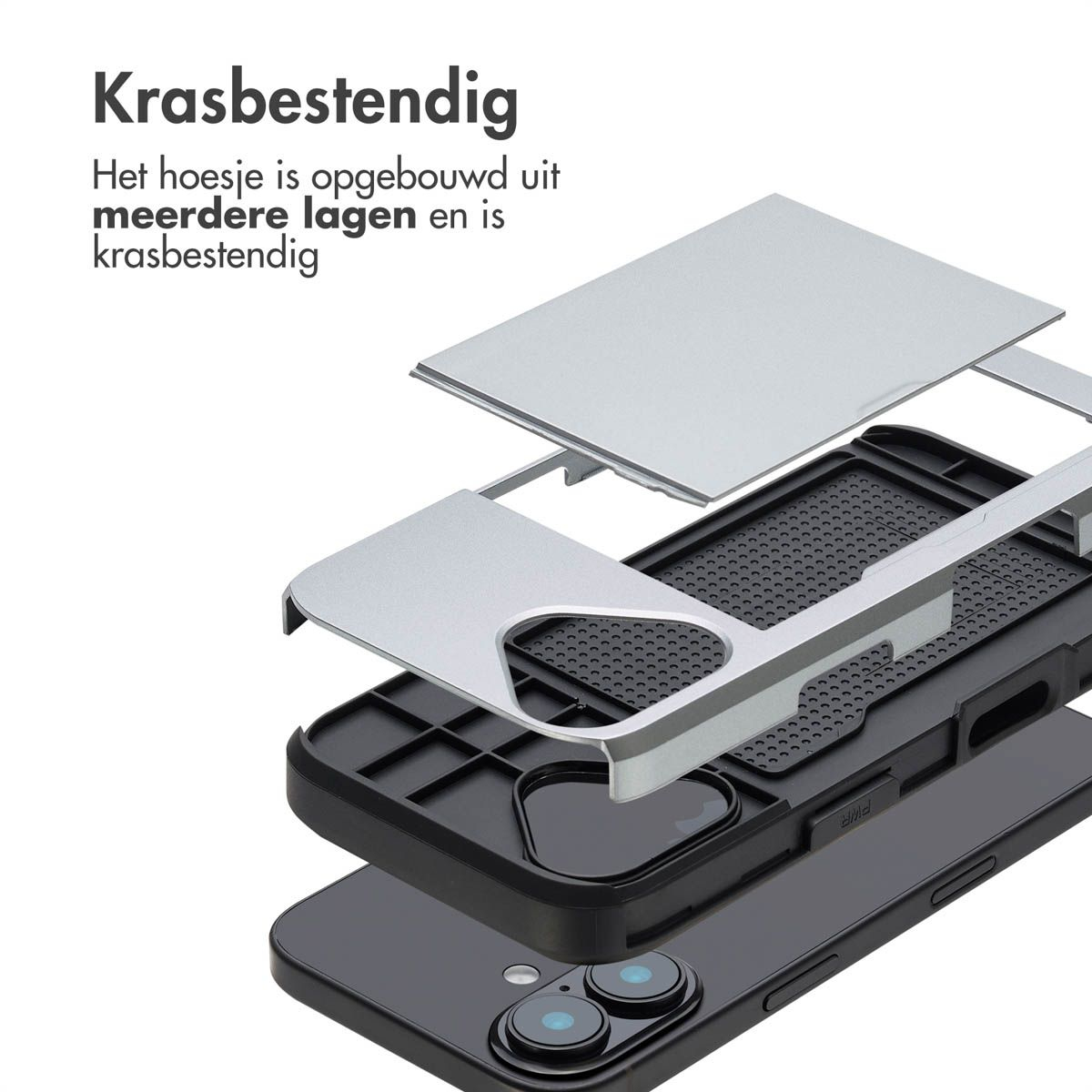 Ontplofte weergave van een telefoonhoesje. Lagen omvatten een zwarte telefoon, een zwarte hoes en zilveren beschermende elementen.