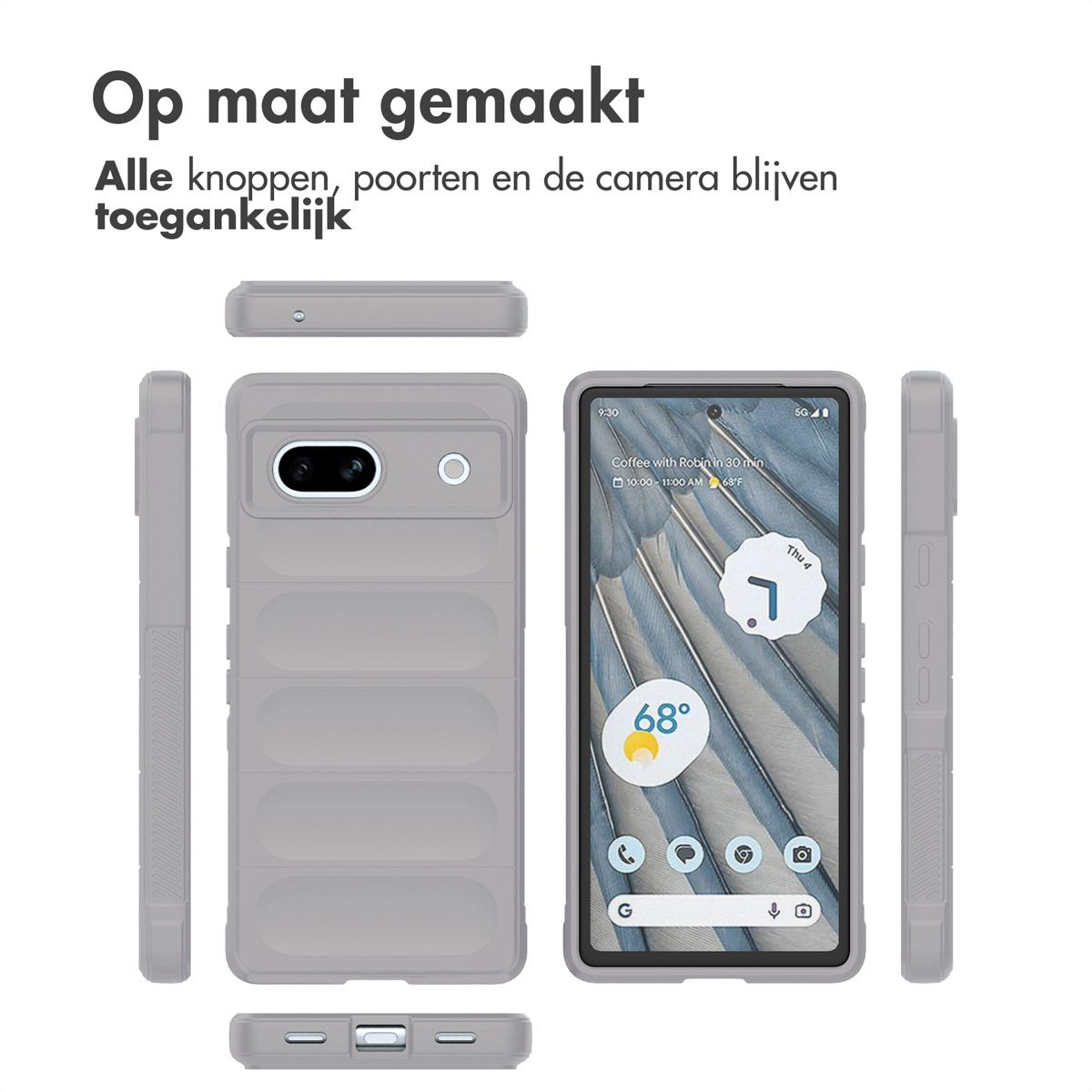 Eine graue Handyhülle mit einem Telefon darin wird angezeigt und zeigt die Uhrzeit und Temperatur an. Oben steht 'Op maat gemaakt'.