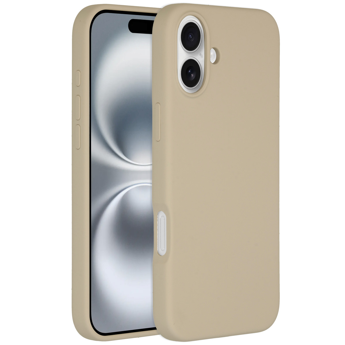 Coque de téléphone beige à côté d'un téléphone. Le téléphone affiche un fond d'écran argenté en forme de vague. La coque a deux découpes pour l'appareil photo.