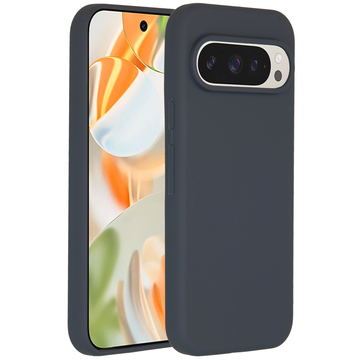 Une coque de téléphone bleu foncé sur fond blanc, couvrant partiellement un téléphone avec un écran coloré.