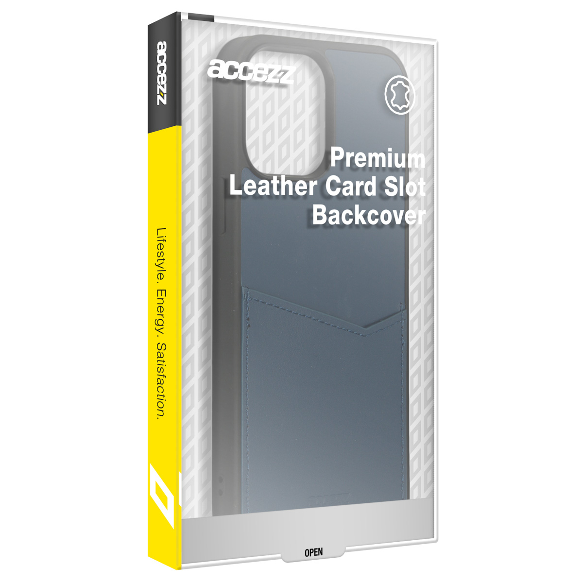 Une coque de téléphone dans une boîte transparente. L'étui est gris avec une fente pour carte. Le texte sur la boîte indique 'Premium Leather Card Slot Backcover'.