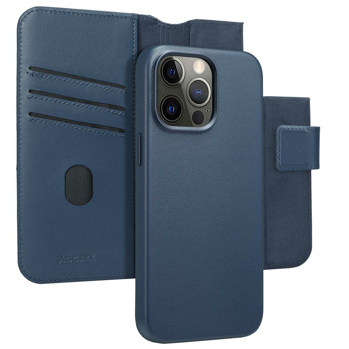 Una custodia blu per telefono con funzione portafoglio. La custodia ha un ritaglio per la fotocamera e il portafoglio ha fessure per carte.