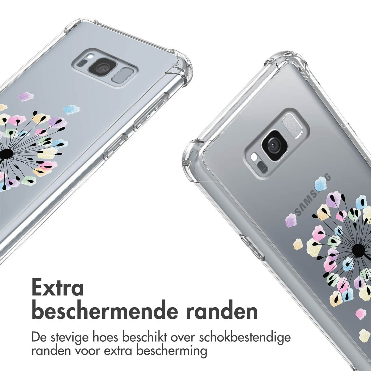 Deux coques de téléphone transparentes avec des motifs de pissenlit. Le texte dit : 'Extra beschermende randen'.