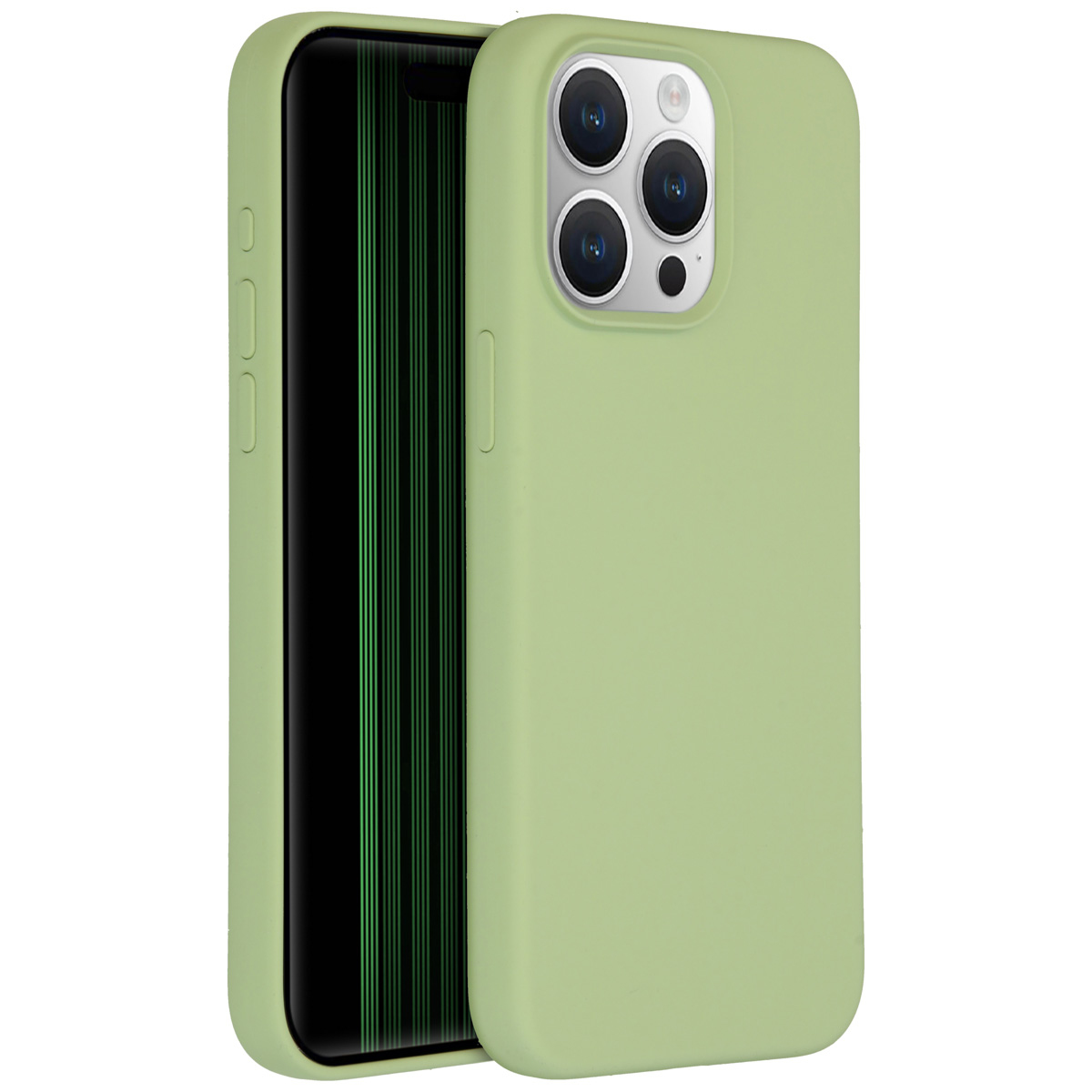 Een lichtgroene telefoonhoes met een telefoon erin. De telefoon heeft een zwart scherm met groene lijnen. De hoes heeft drie camera's.