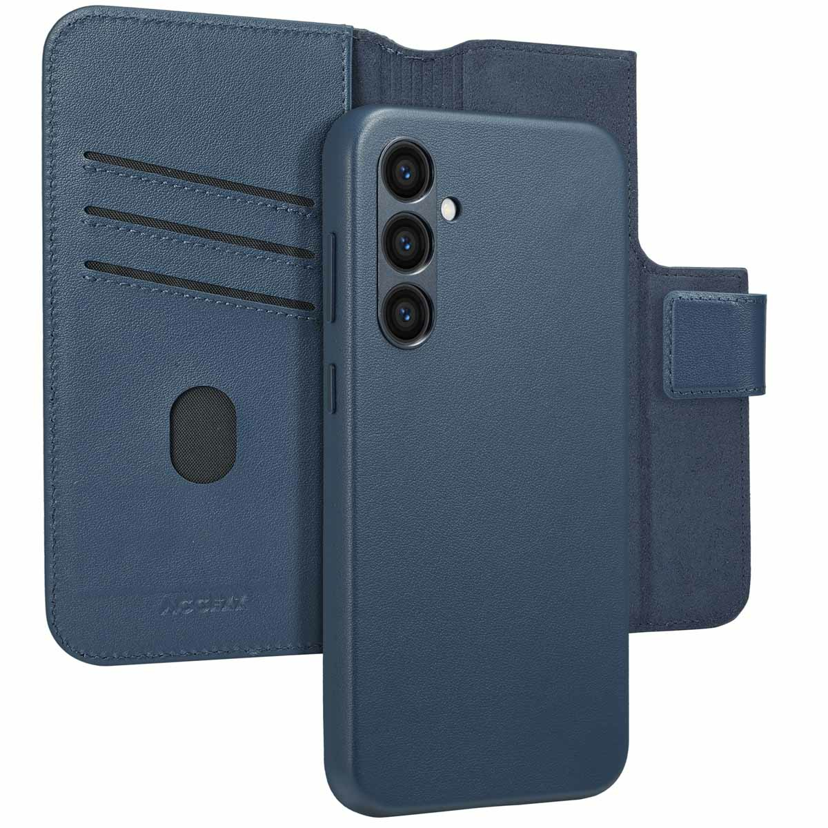 Een blauwe telefoonhoes met een portemonnee gedeelte. De telefoonhoes is open en laat de binnenkant zien.
