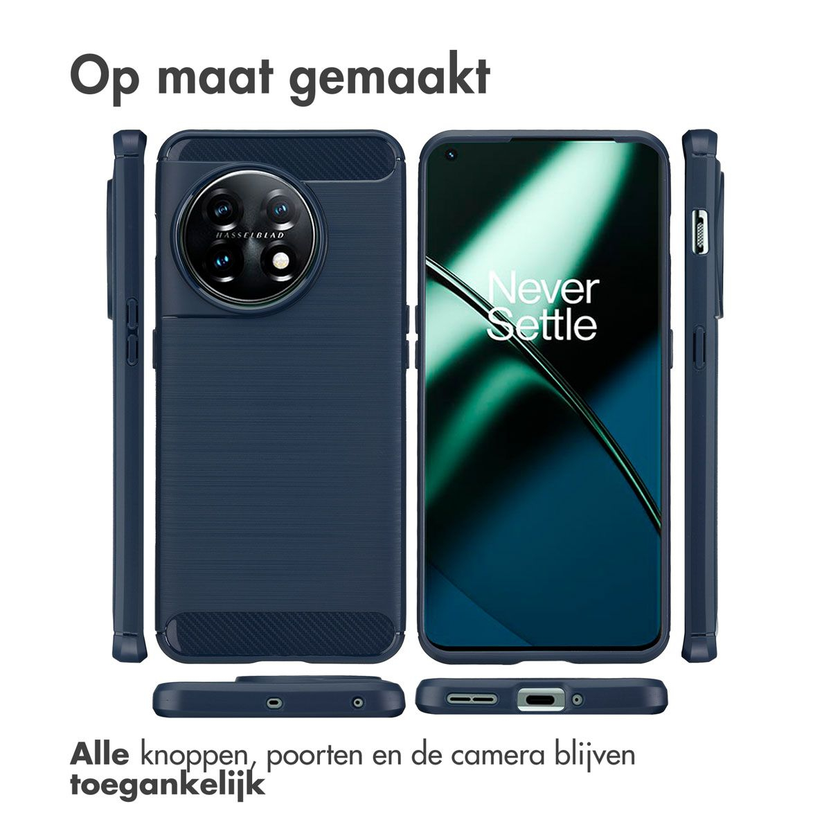 Coque et téléphone bleu marine. Texte: Op maat gemaakt, Hasselblad, Never Settle, Alle knoppen, poorten en de camera blijven toegankelijk.