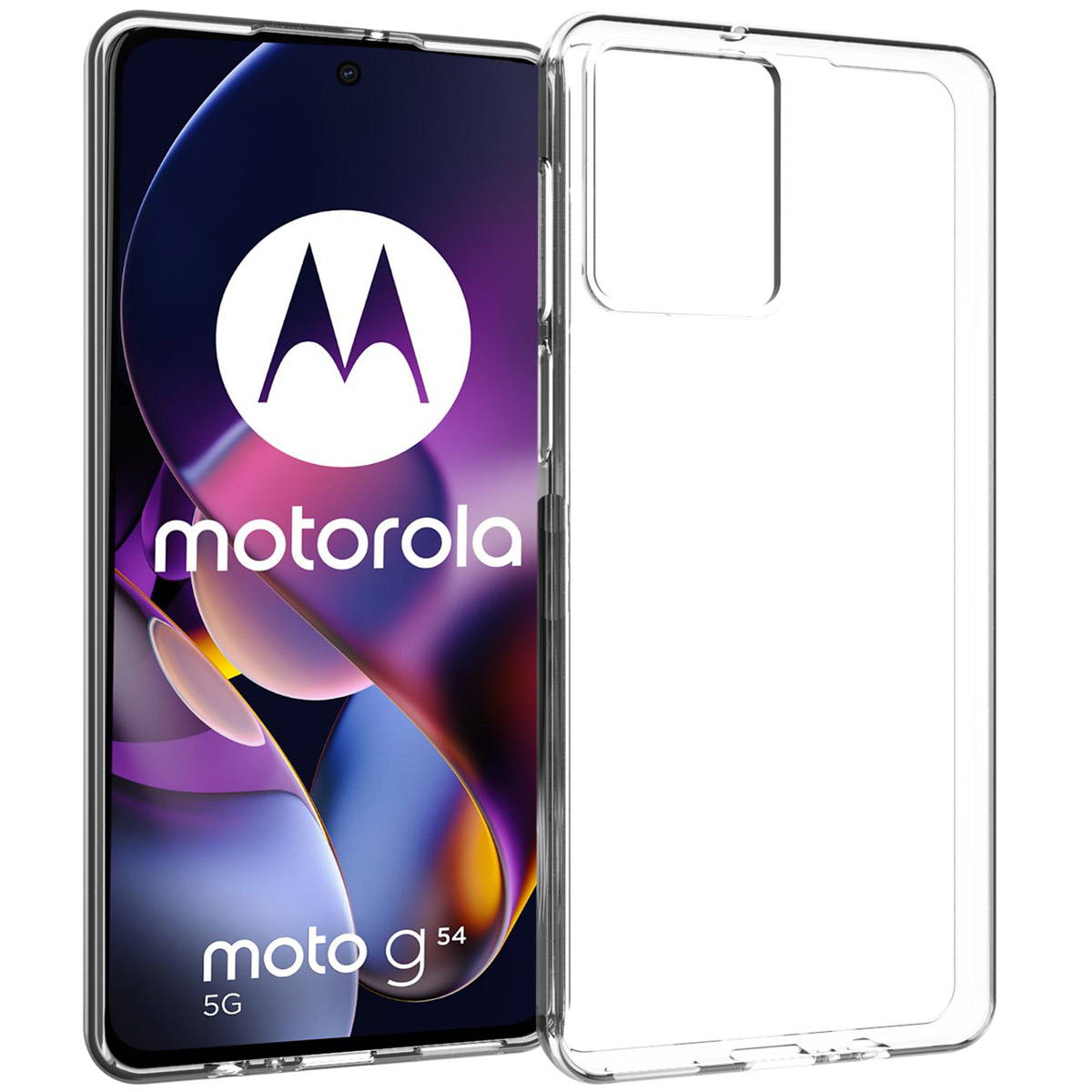 Uno smartphone Motorola Moto g54 5G con una custodia protettiva trasparente. Lo schermo mostra il logo Motorola e il modello del telefono.