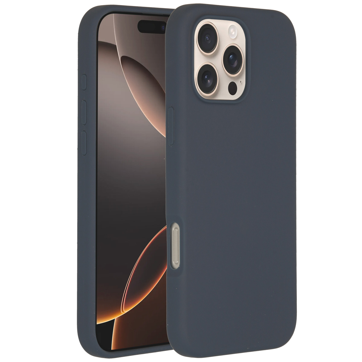 Een donkerblauwe telefoonhoes naast een telefoon. De hoes heeft uitsparingen voor de camera en knopafdekkingen. Het telefoonscherm is zichtbaar.
