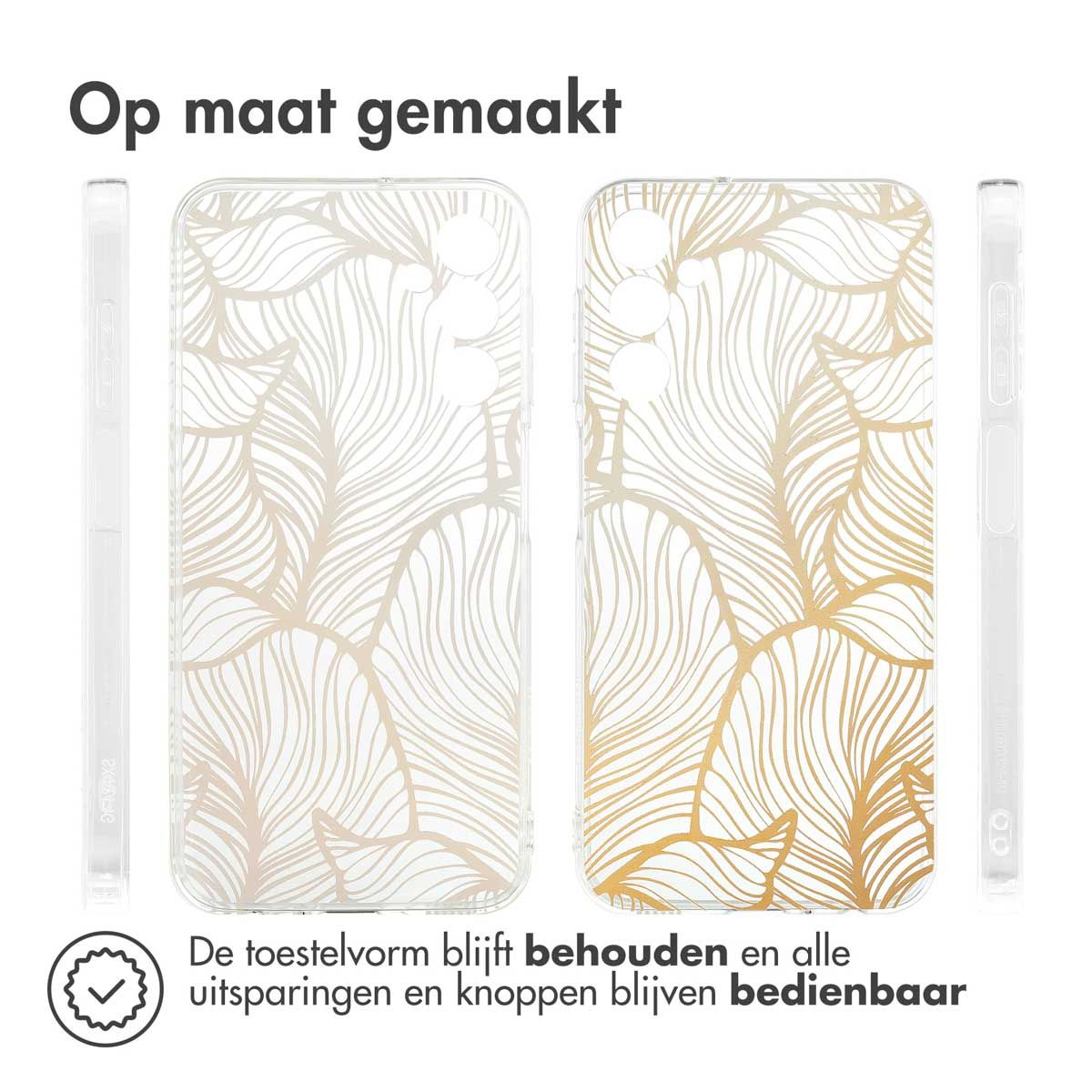Deux coques de téléphone avec motif de feuilles. Texte : 'Op maat gemaakt'. Texte en bas : 'De toestelvorm blijft behouden'.