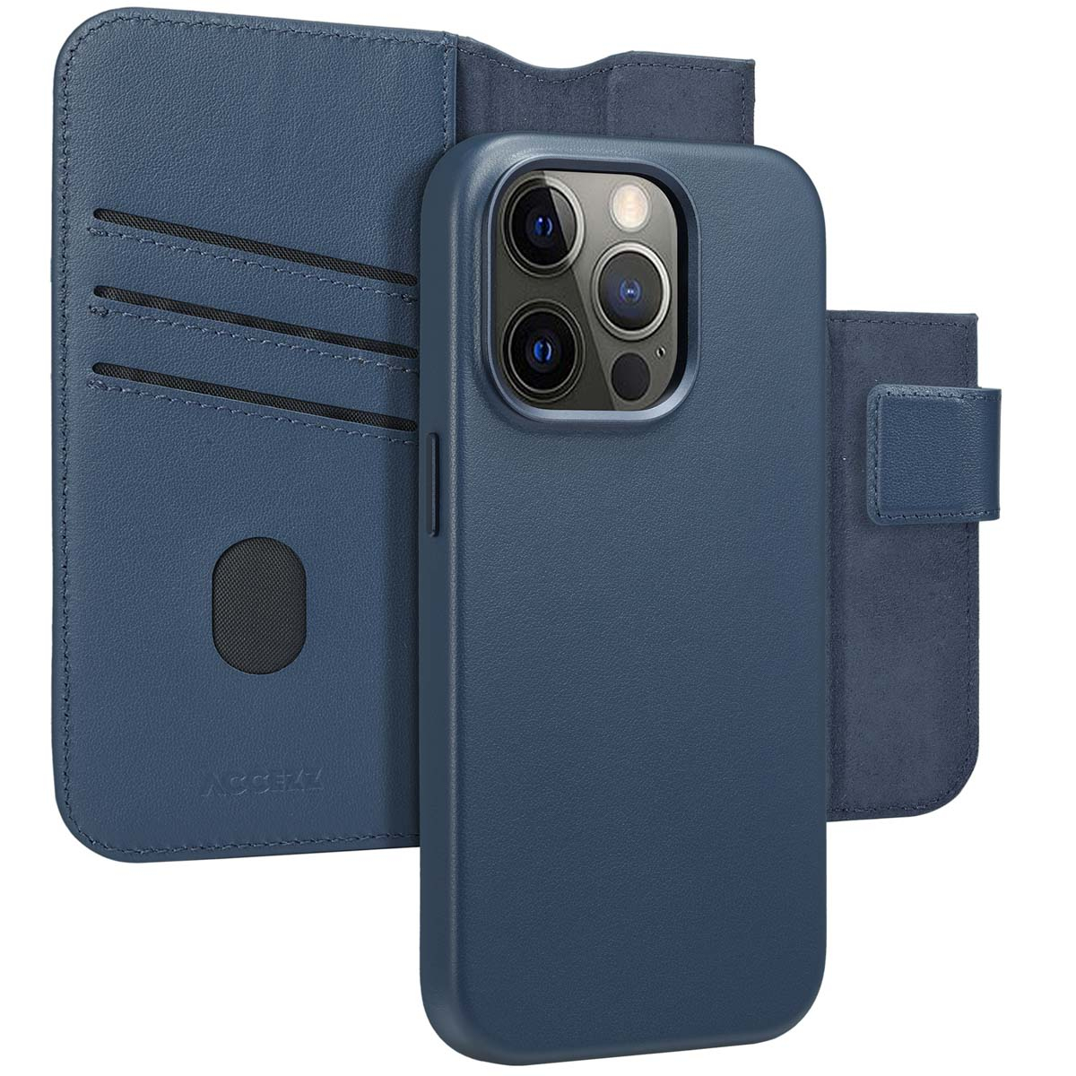 Una custodia blu per telefono con funzioni a portafoglio, aperta lateralmente. Fotocamere del telefono visibili. Portafoglio in pelle blu scuro con fessure per carte.