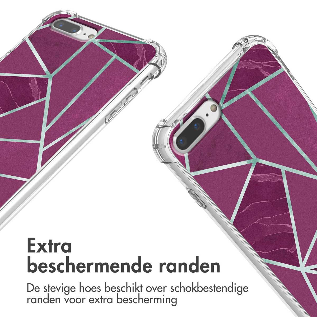 Deux coques de téléphone avec un design géométrique violet. Les coques sont transparentes avec du texte néerlandais en dessous. Bords protecteurs supplémentaires mis en évidence.