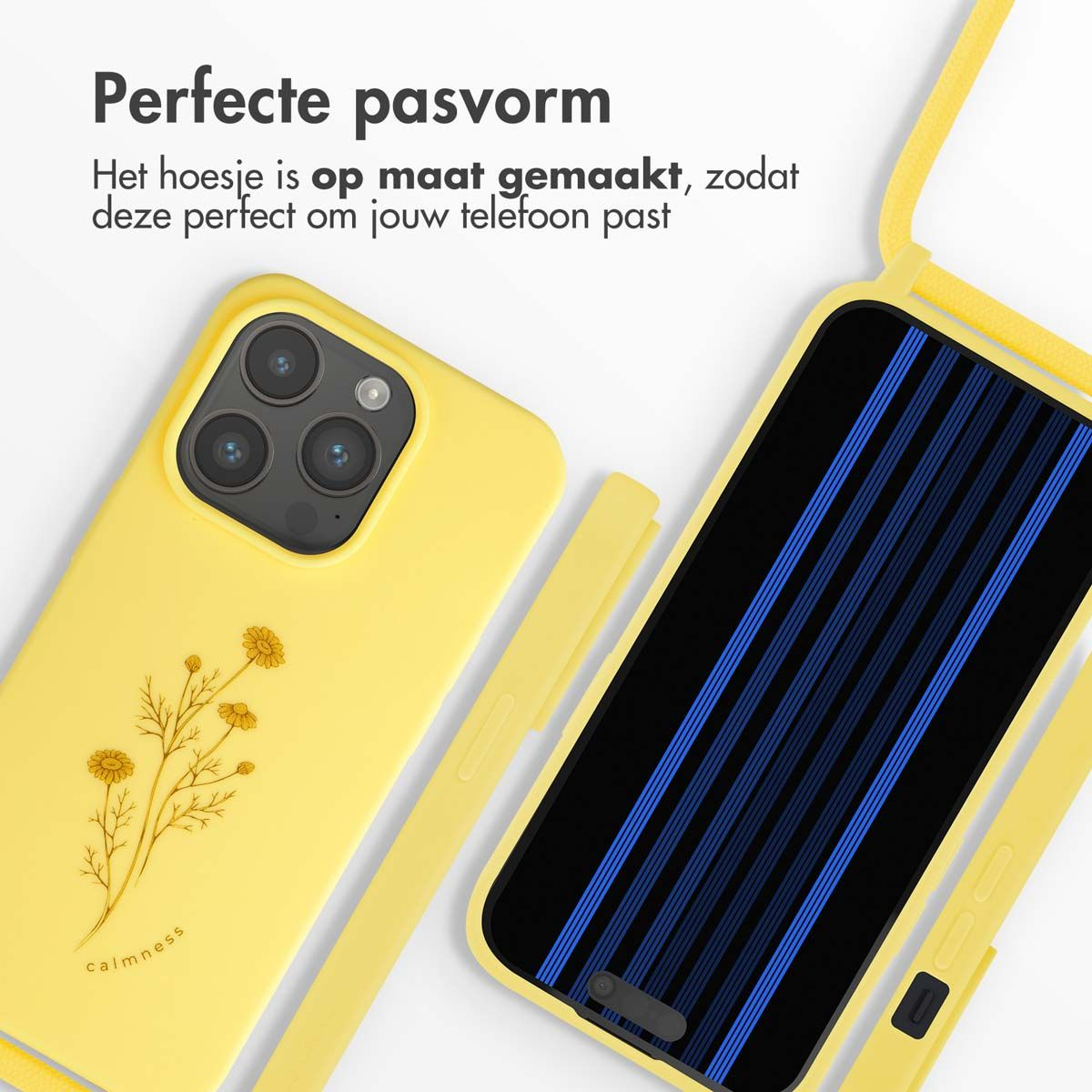 Gele telefoonhoes met bloemenontwerp en zwarte telefoon met blauwe strepen. Tekst zegt 'Perfecte pasvorm'.