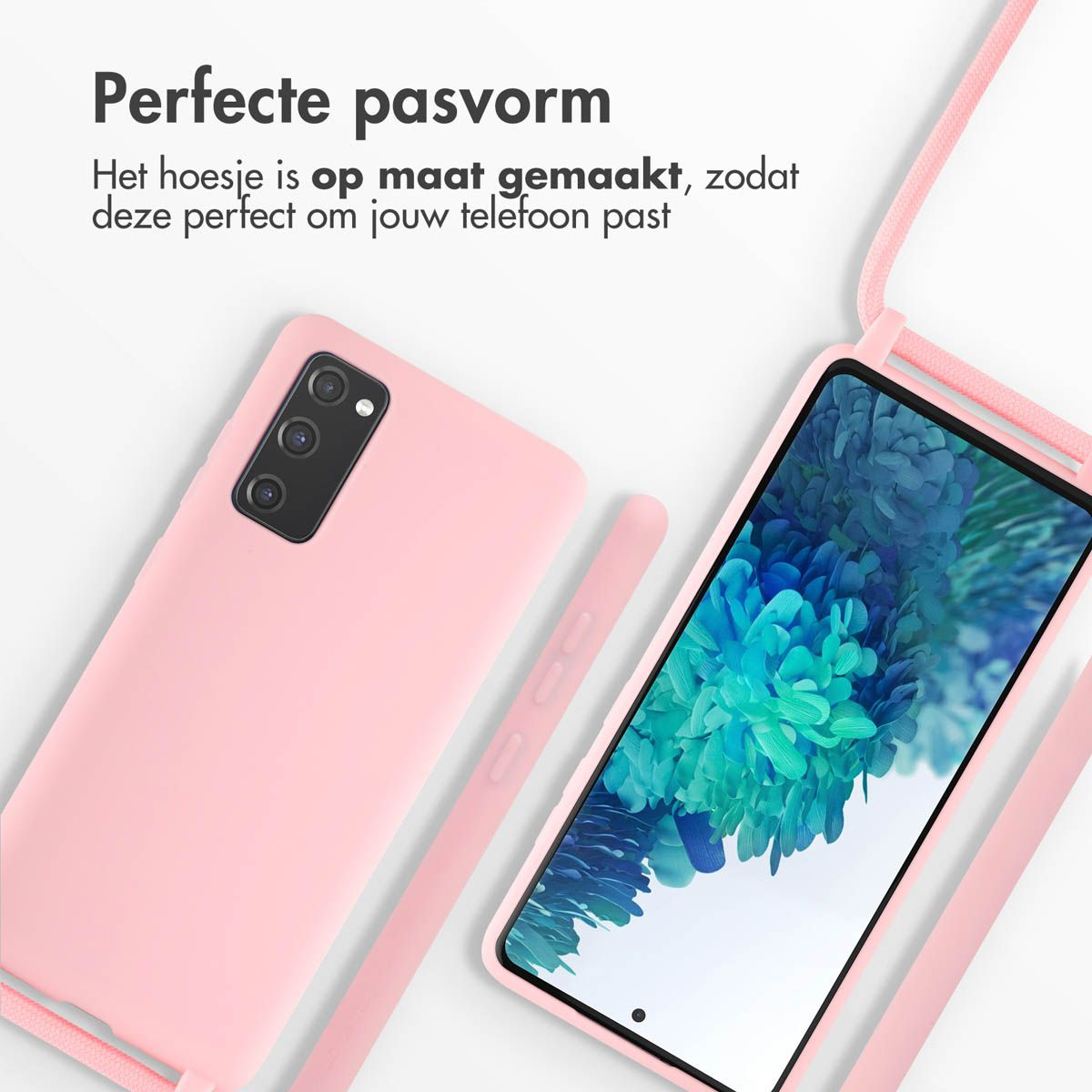 Coque de téléphone rose avec un téléphone à l'intérieur. Le téléphone a un fond d'écran floral bleu. La coque a une sangle et du texte en arrière-plan.