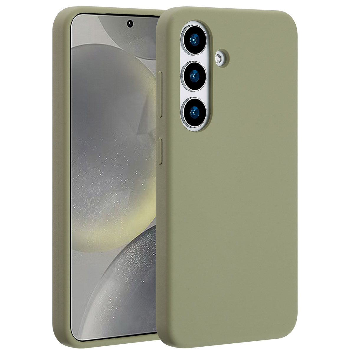 Eine grüne Handyhülle mit einem Telefon darin. Die Hülle hat Kameraöffnungen und Tasten. Der Telefonbildschirm ist sichtbar.