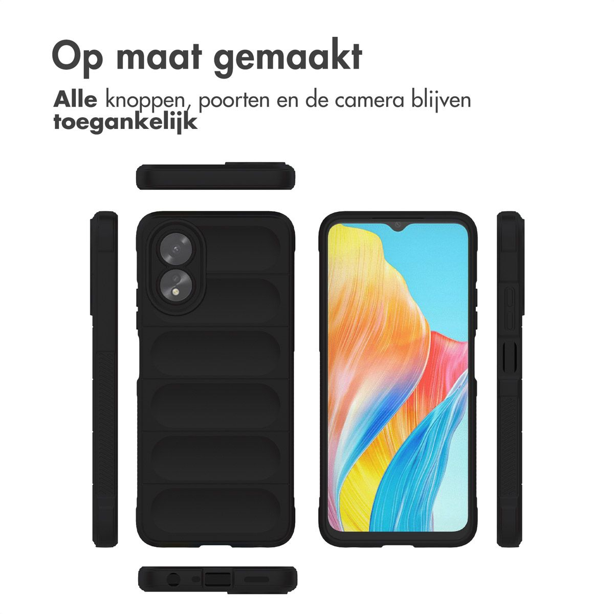 Un étui de téléphone noir et un téléphone sont affichés. L'étui a un design texturé et couvre le téléphone, avec du texte au-dessus.