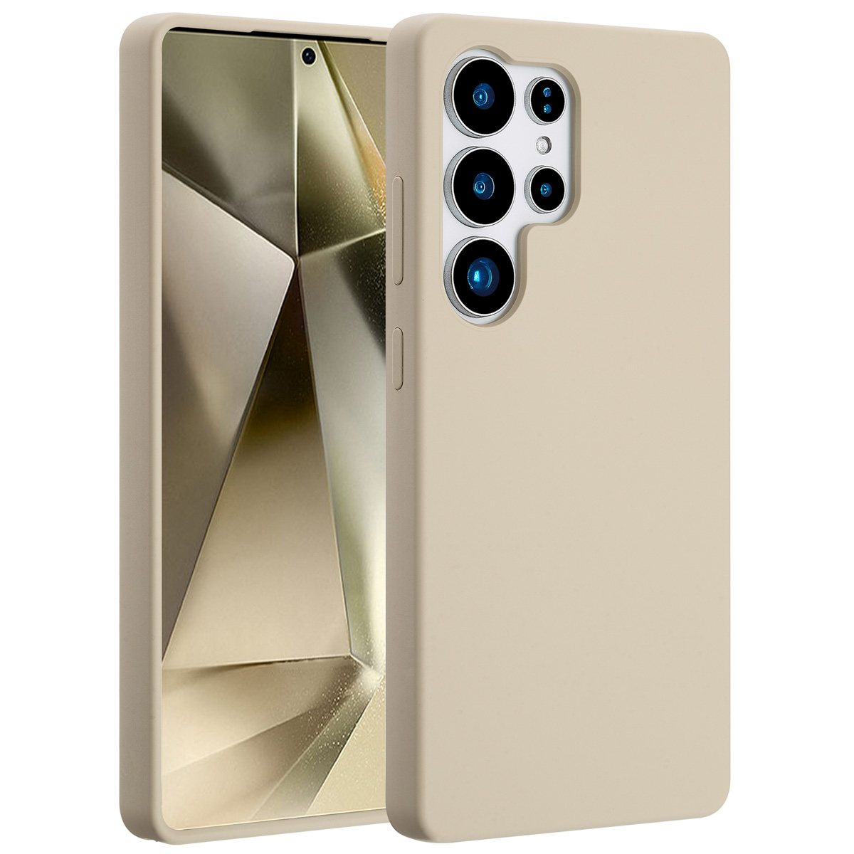 Een beige telefoonhoesje met een telefoon erin. De hoes heeft cameralenzen aan de achterkant. Het telefoonscherm toont geometrische vormen.