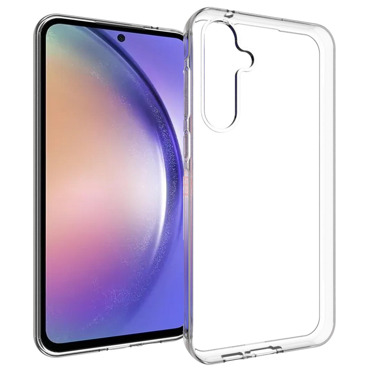 Un smartphone avec une coque de protection transparente. L'écran affiche un dégradé coloré. La coque est transparente et couvre les bords.
