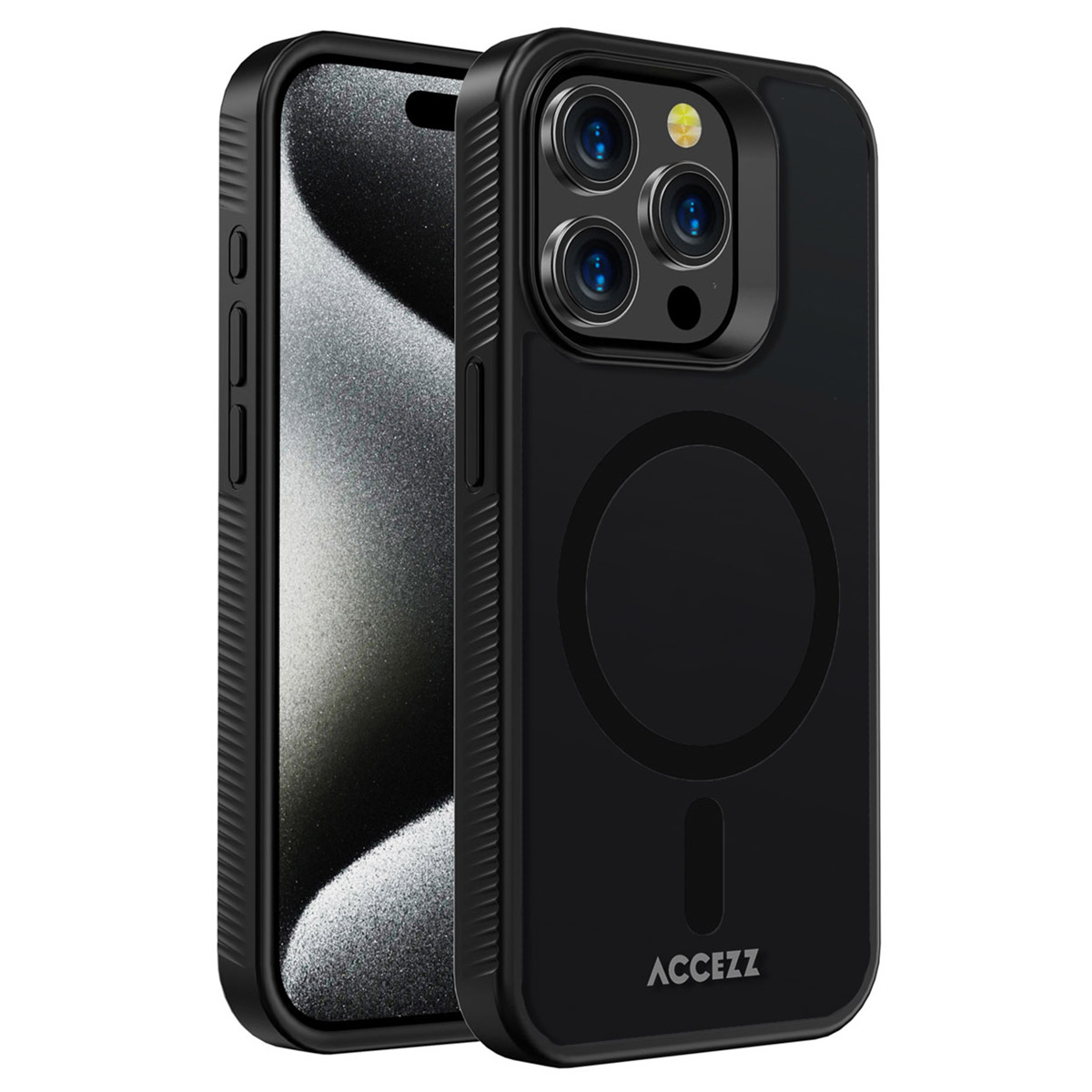 Coque de téléphone noire avec un téléphone à l'intérieur. La coque a une découpe pour l'appareil photo, un cercle magnétique et la marque 'ACCEZZ'.