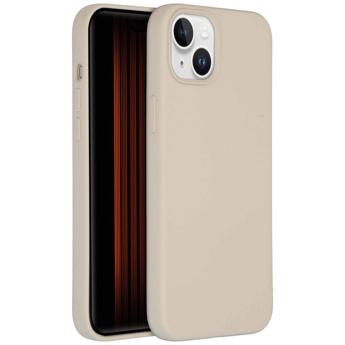 Een beige telefoonhoesje en telefoon. Het telefoonscherm toont verticale oranje lijnen. De hoes heeft een uitsparing voor de camera en knoppen.