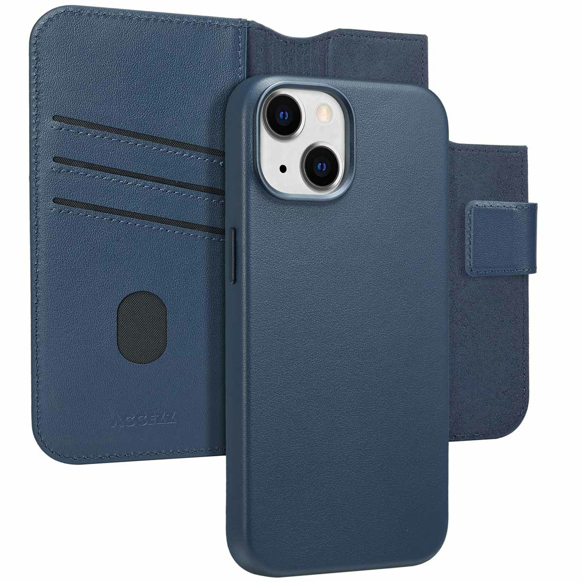 Een blauwe telefoonhoes met een portemonnee. De hoes heeft een telefoon met twee camera's. De portemonnee heeft sleuven.