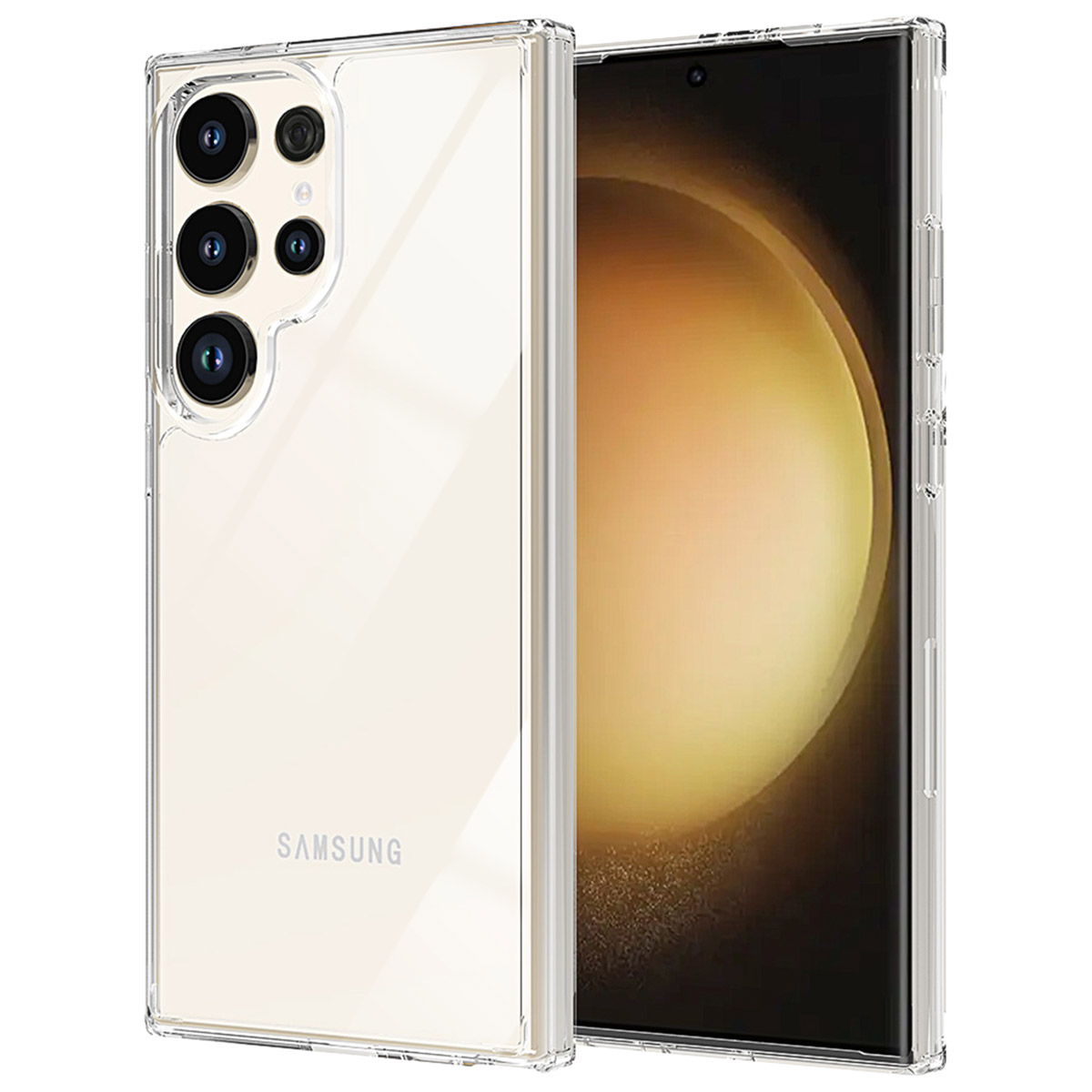 Een doorzichtige telefoonhoes naast een smartphone. De hoes heeft een uitsparing voor de camera en het Samsung-logo. Het scherm is zichtbaar.