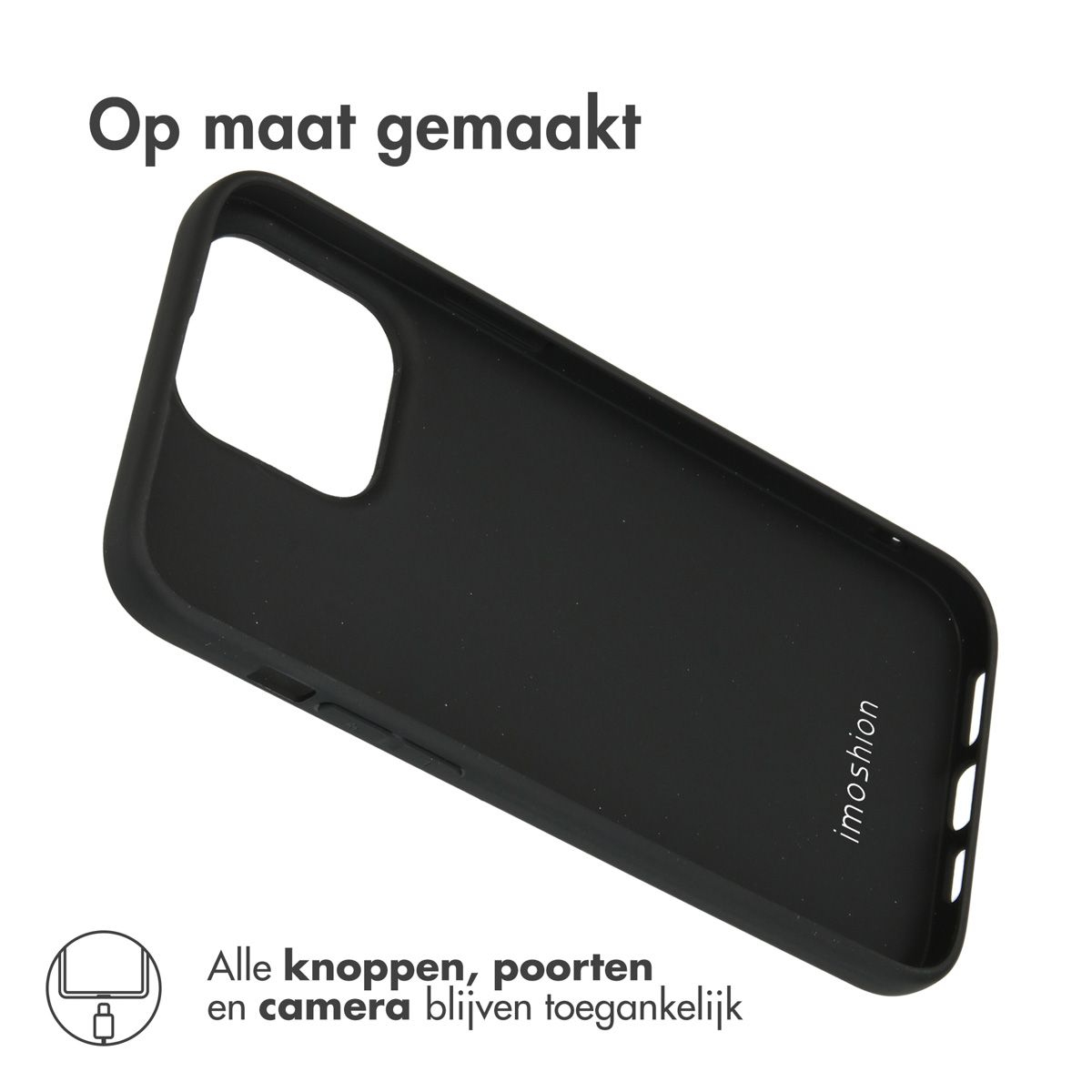 Zwarte telefoonhoes met het merk 'imoshion'. Tekst zegt 'Op maat gemaakt'. De hoes heeft uitsparingen voor knoppen en camera.