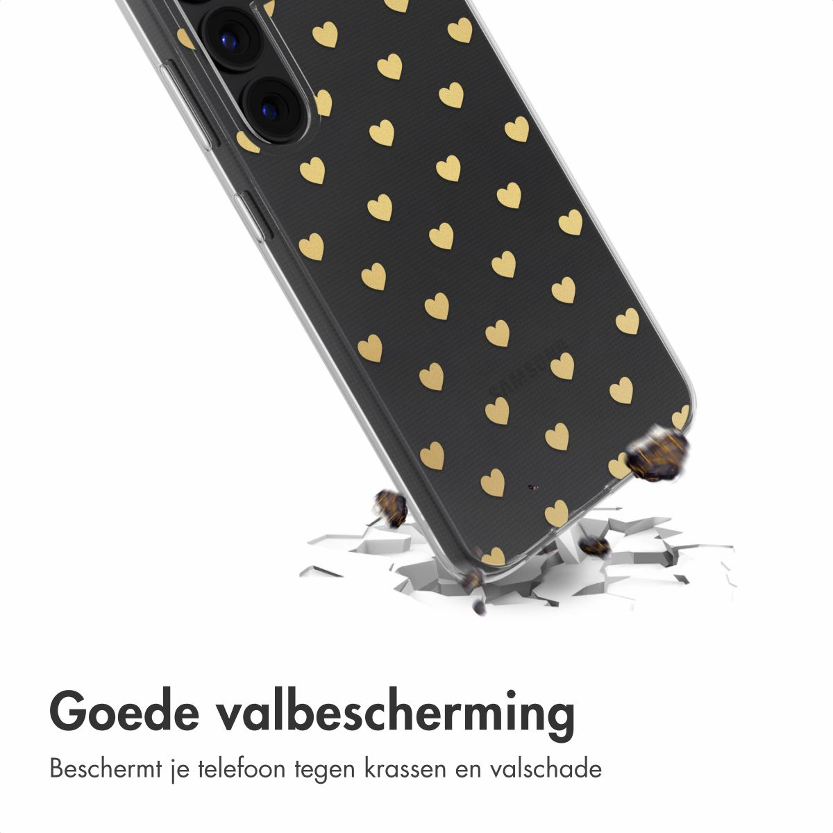 Coque de téléphone avec coeurs dorés sur fond noir, brisant une surface. Texte en bas : 'Bonne protection contre les chutes'.