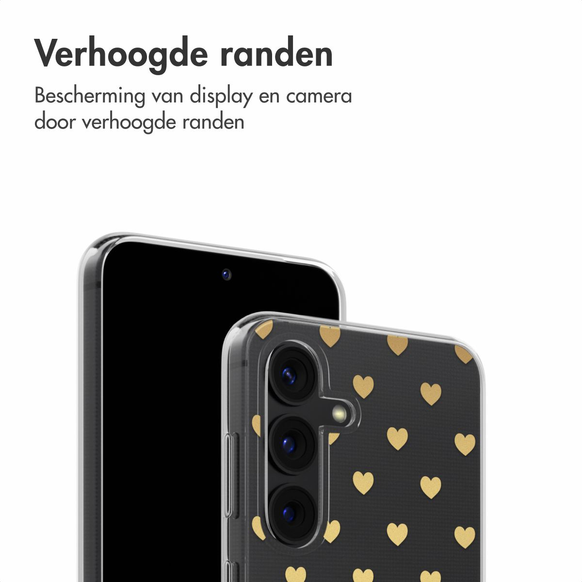 Deux smartphones, l'un avec un écran noir et l'autre avec une coque noire décorée de cœurs dorés.