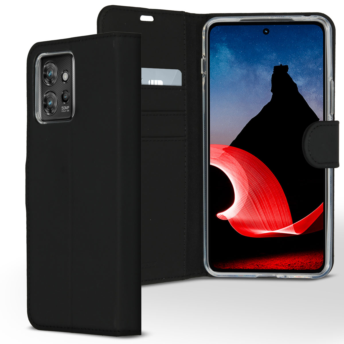 Étui de téléphone noir avec un téléphone à l'intérieur, affichant une silhouette de montagne et des traînées rouges. L'étui est ouvert.