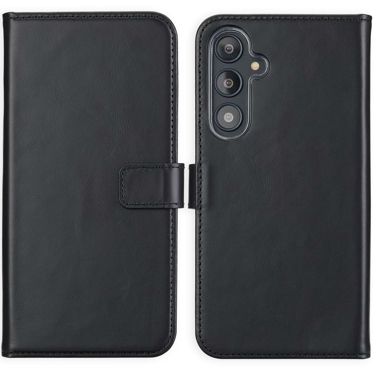 Zwarte leren telefoonhoes, open. De hoes heeft een camera-uitsparing, een magnetische sluiting en stiksels langs de randen.
