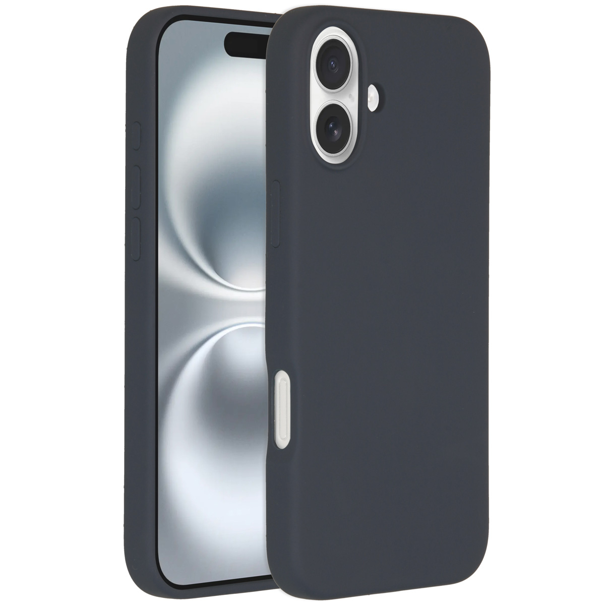 Un étui de téléphone gris foncé est présenté, avec un téléphone à l'intérieur. L'étui comporte des découpes pour la caméra et des boutons. L'écran du téléphone est visible.