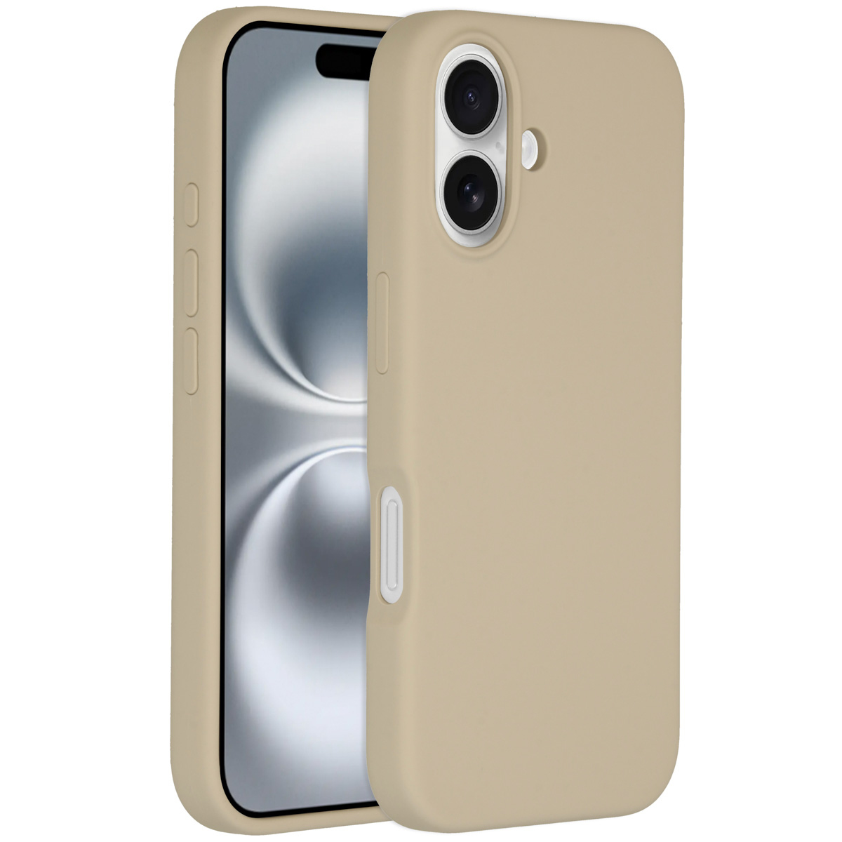 Coque de téléphone beige à côté d'un téléphone. La coque a des découpes pour la caméra et des boutons. L'écran a un motif abstrait.