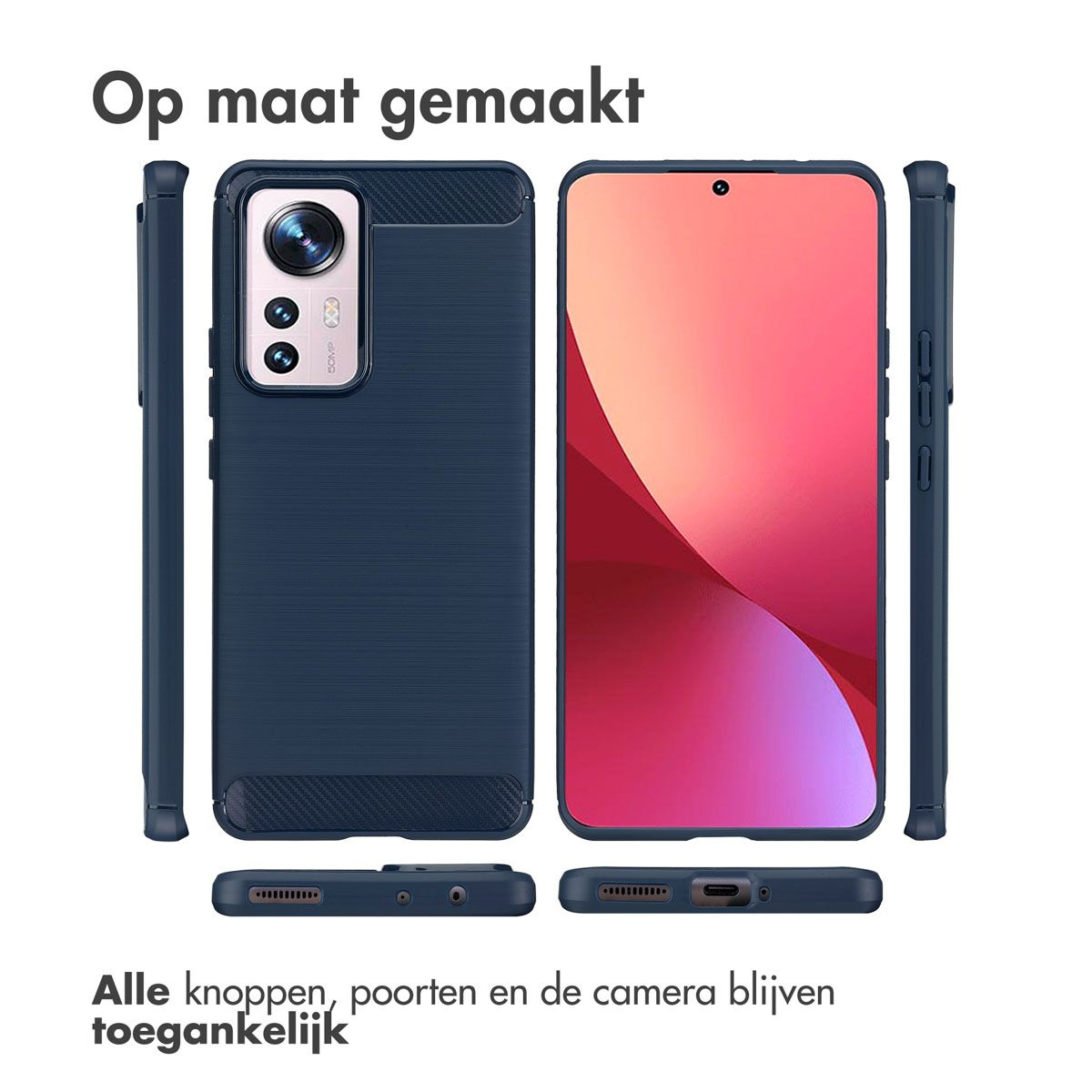 Een telefoon in een hoesje. De telefoon is blauw. Het scherm toont een roze verloop. De hoes heeft openingen voor knoppen en camera.