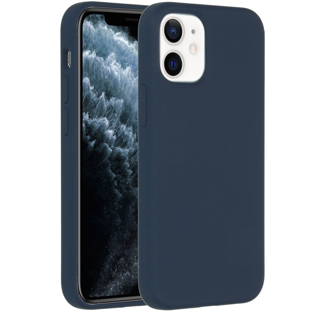 A navy blue phone case is next to a smartphone. The phone's screen shows a dark, cloudy background. The phone case has rounded edges.