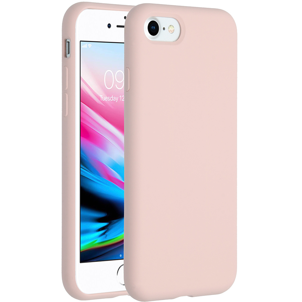 Een witte iPhone met een roze hoesje. Het scherm toont de tijd. Het hoesje bedekt deels de telefoon en toont de zijknopjes.