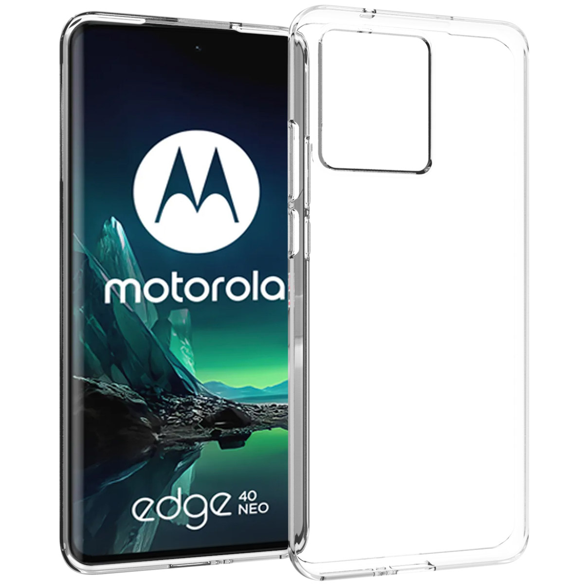 Un téléphone Motorola Edge 40 Neo avec une coque de protection transparente. L'écran affiche le logo Motorola et la marque Edge 40 Neo.