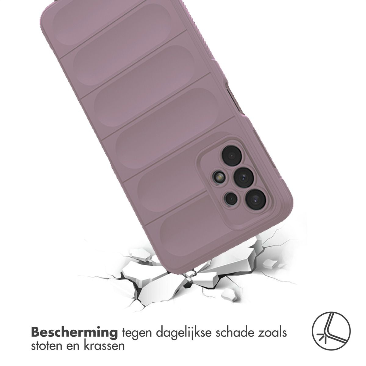 Een mauve telefoonhoes valt en barst de grond eronder. De hoes heeft een textuurontwerp en camera-uitsparingen.