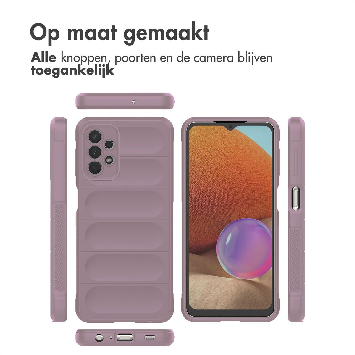 Een telefoonhoes en een telefoon worden weergegeven. De hoes is paars en beschermt de telefoon. Tekst: 'Op maat gemaakt'.