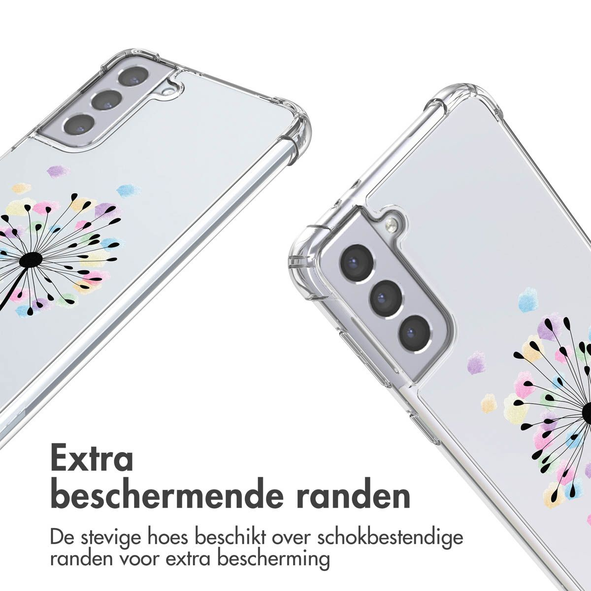 Twee transparante telefoonhoesjes met een paardebloemdesign. Nederlandse tekst: Extra beschermende randen.