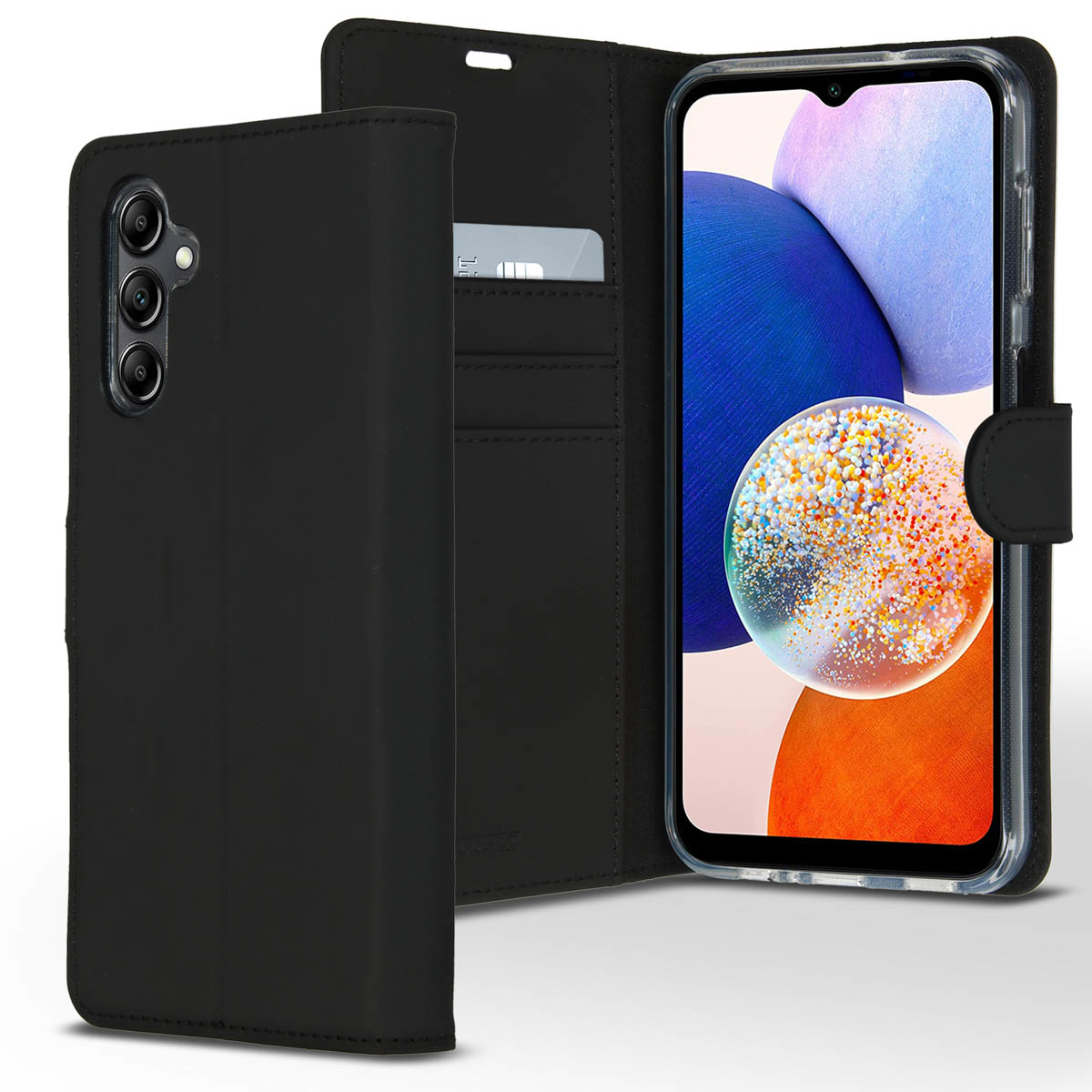 Étui de téléphone noir avec un smartphone. Le téléphone affiche une image abstraite colorée. Une carte de crédit est dans l'étui.